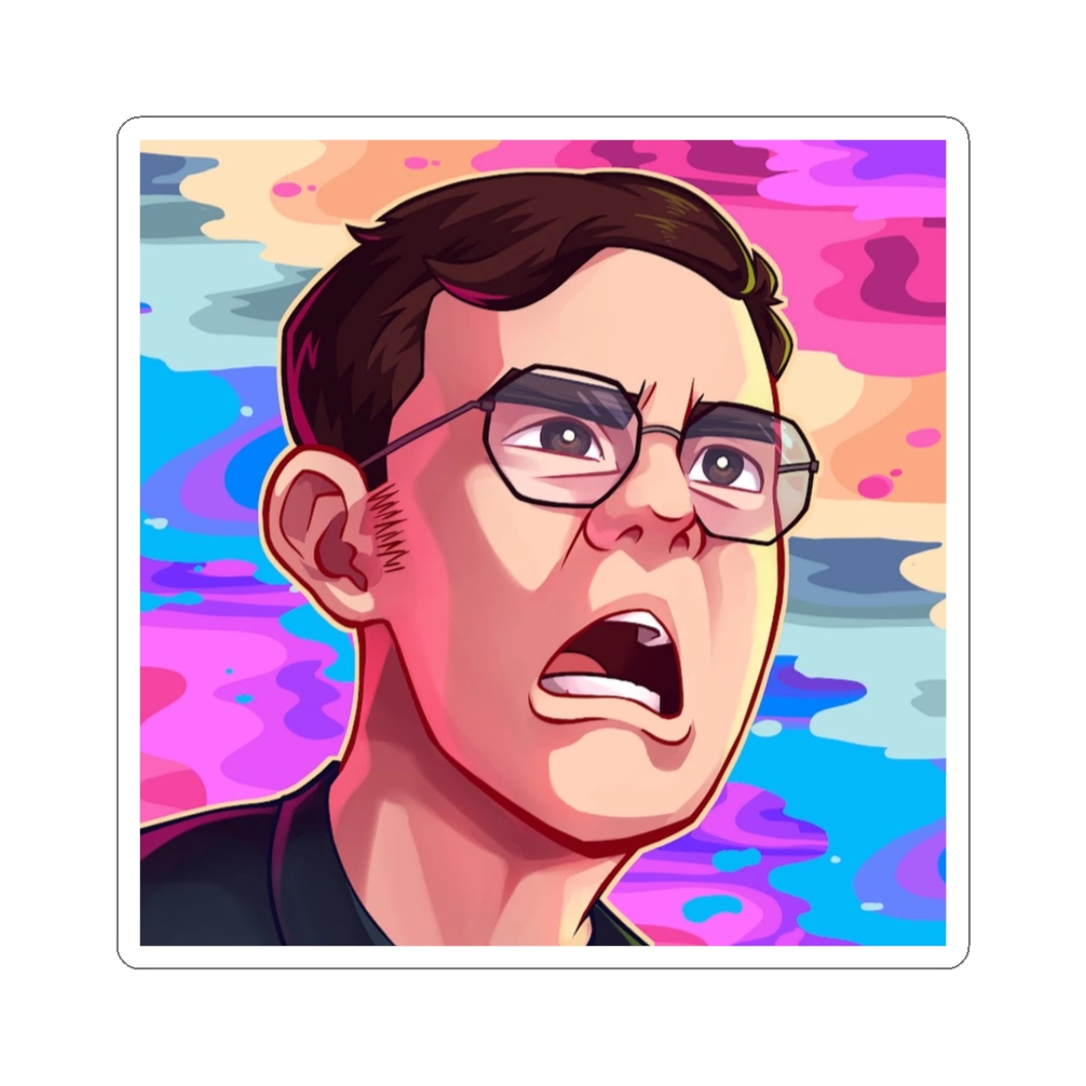 Angry Cartoon Face Sticker | Kiss-Cut Sticker, Colorful Vaporwave Background | Juan Guarnizo